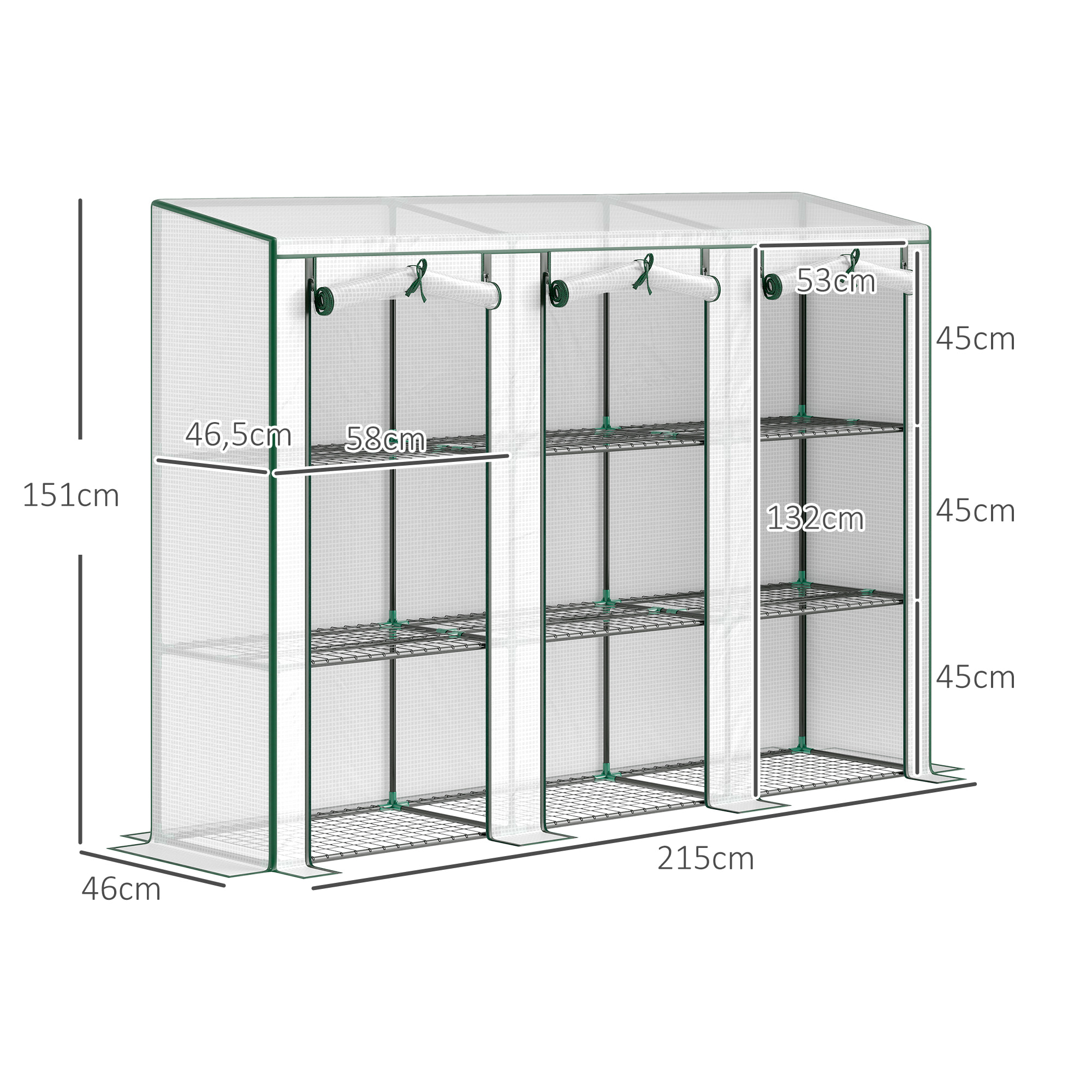 Serre de jardin balcon avec étagères métalliques 3 niveaux 3 portes acier noir PVC blanc