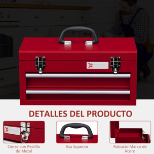 Caja de Herramientas de Acero con 2 Cajones Tapa Abatible Bandeja Superior Cierres Metálicos y Asa Maletín de Herramientas Portátil para Taller Bricolaje Hogar 46x24x22 cm Rojo