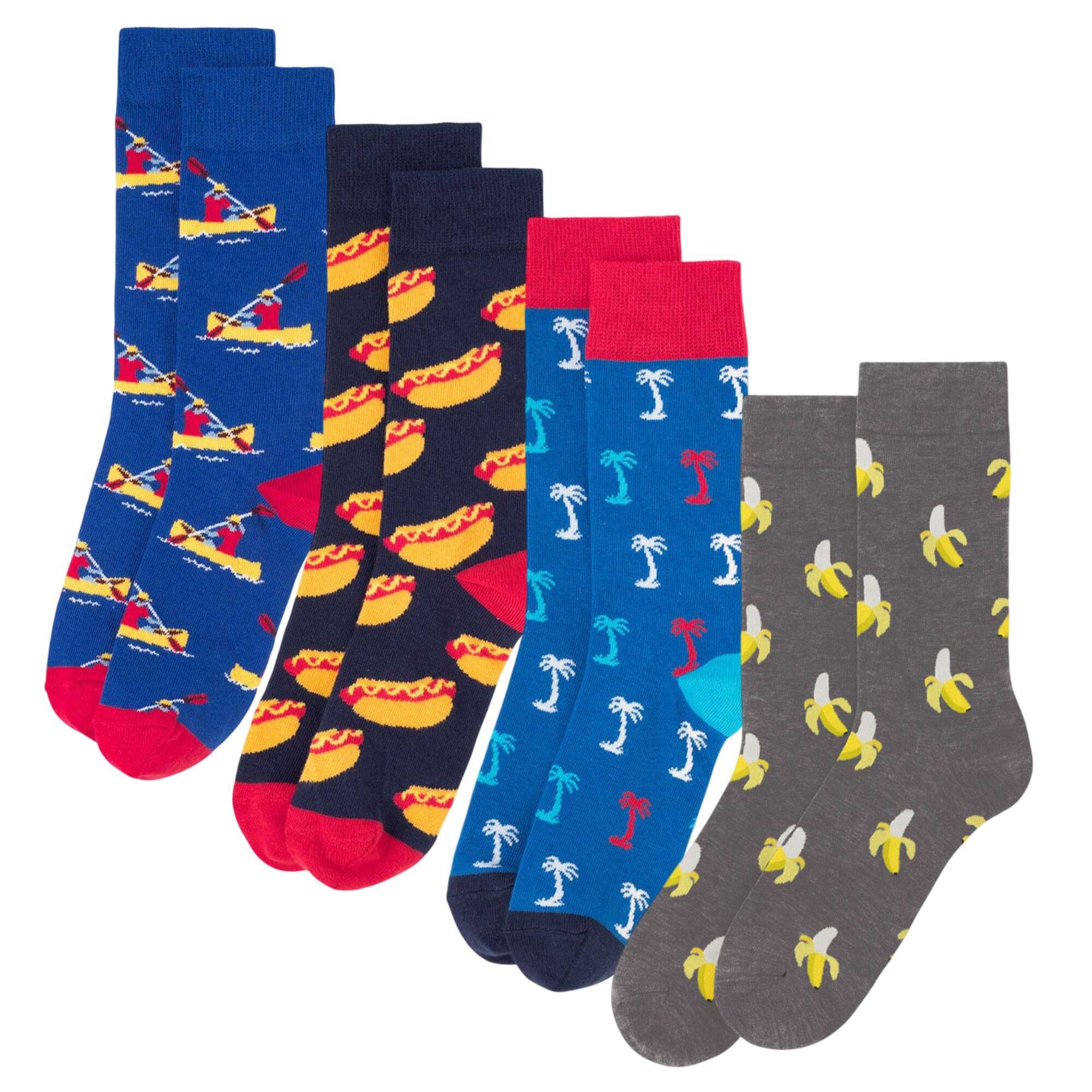 Set de 4 pares de calcetines - diseños "Canoa", "Hot Dog", "Palmeras" y "Banana"