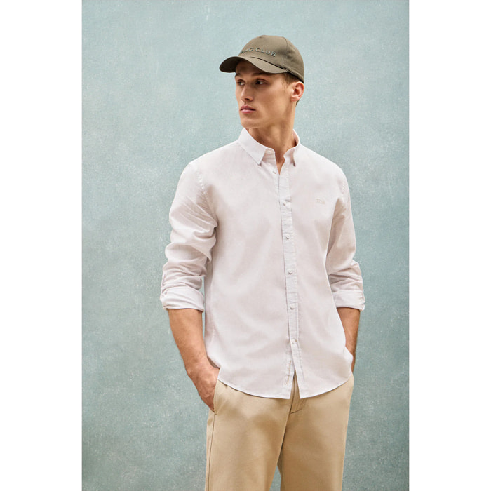 Camicia bianca in lino-cotone regular fit con logo ricamato