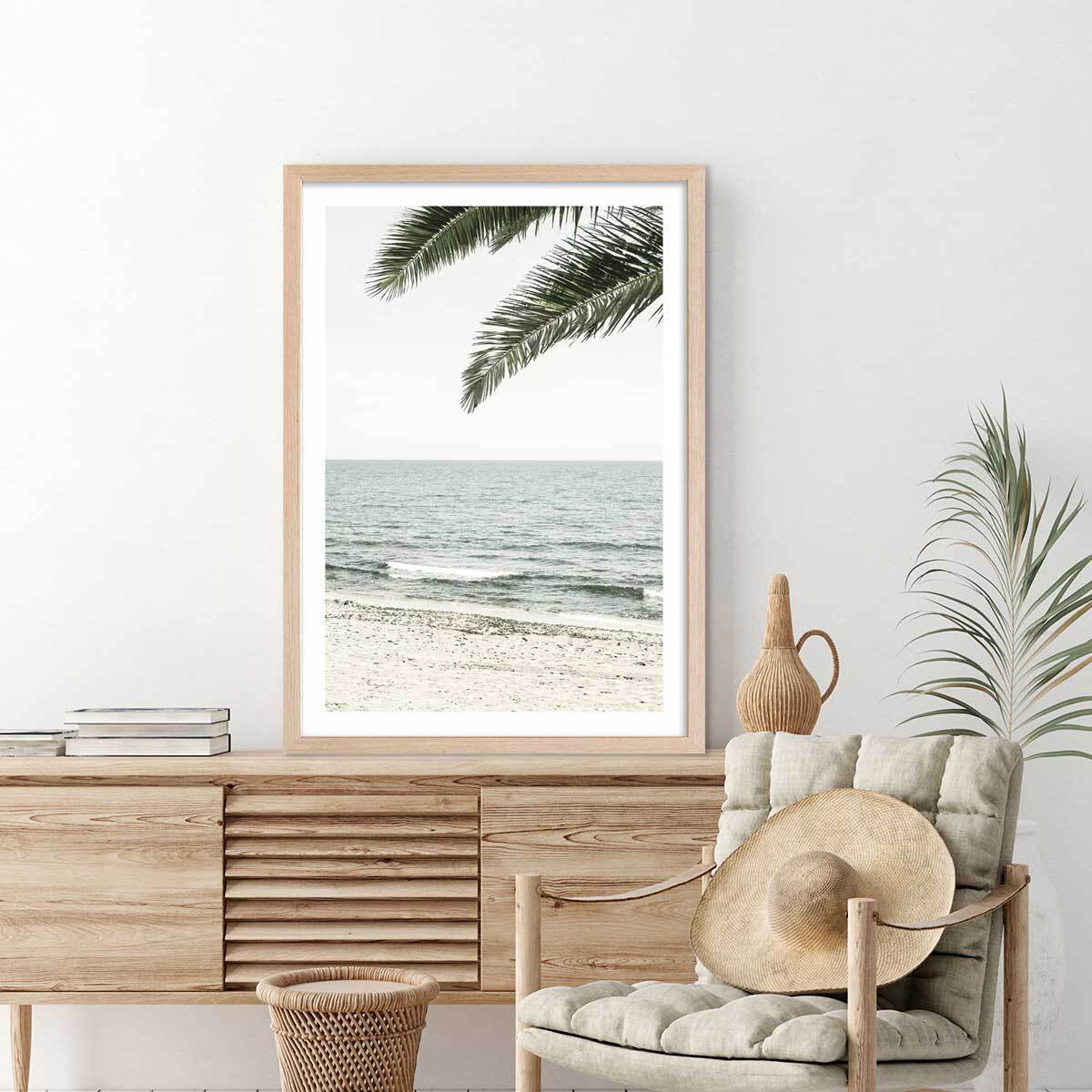 Poster plage tropicale Affiche + cadre en bois - Chêne