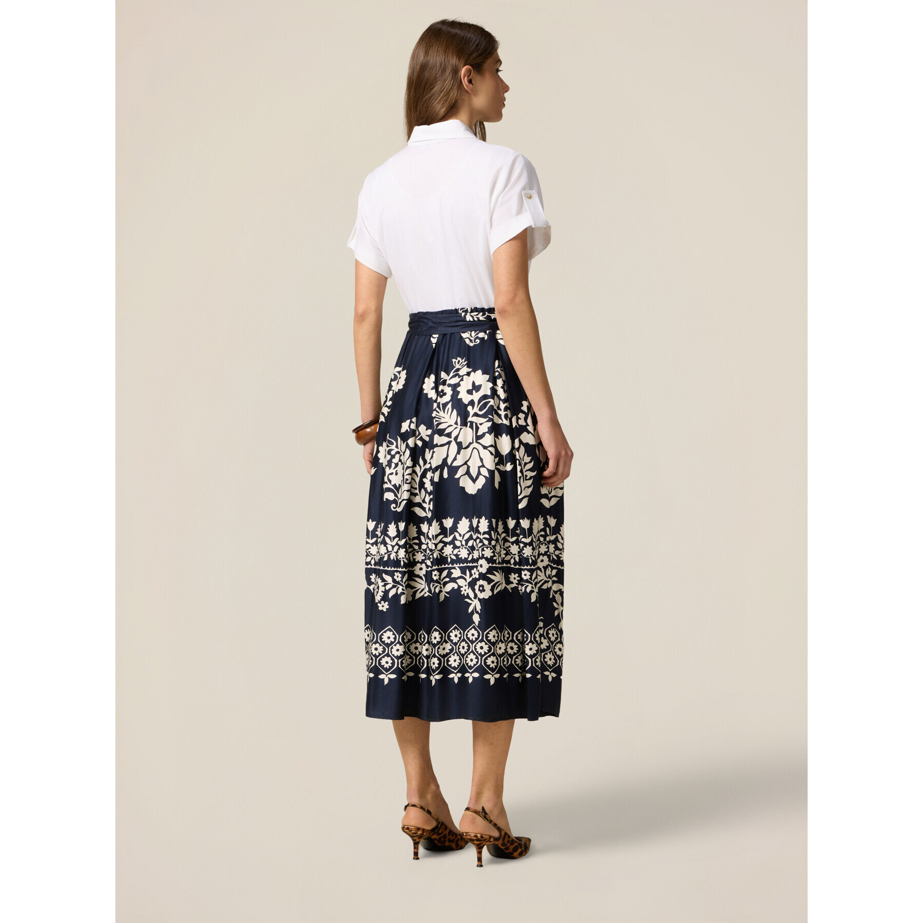 Oltre - Vestido camisero con falda estampada - Azul