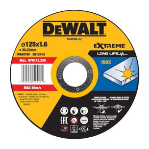 Disque à tronçonner l'inox 125 x 22.2 mm épais.1,6 mm Moyeu plat - DEWALT - DT43906-QZ