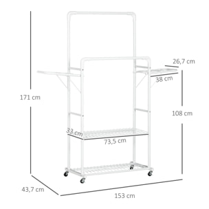 Tendedero de Ropa con Ruedas Tendedero Vertical de Acero con 2 Alas Plegables 2 Rieles Colgantes y 2 Estantes de Almacenamiento 153x43,7x171 cm Blanco