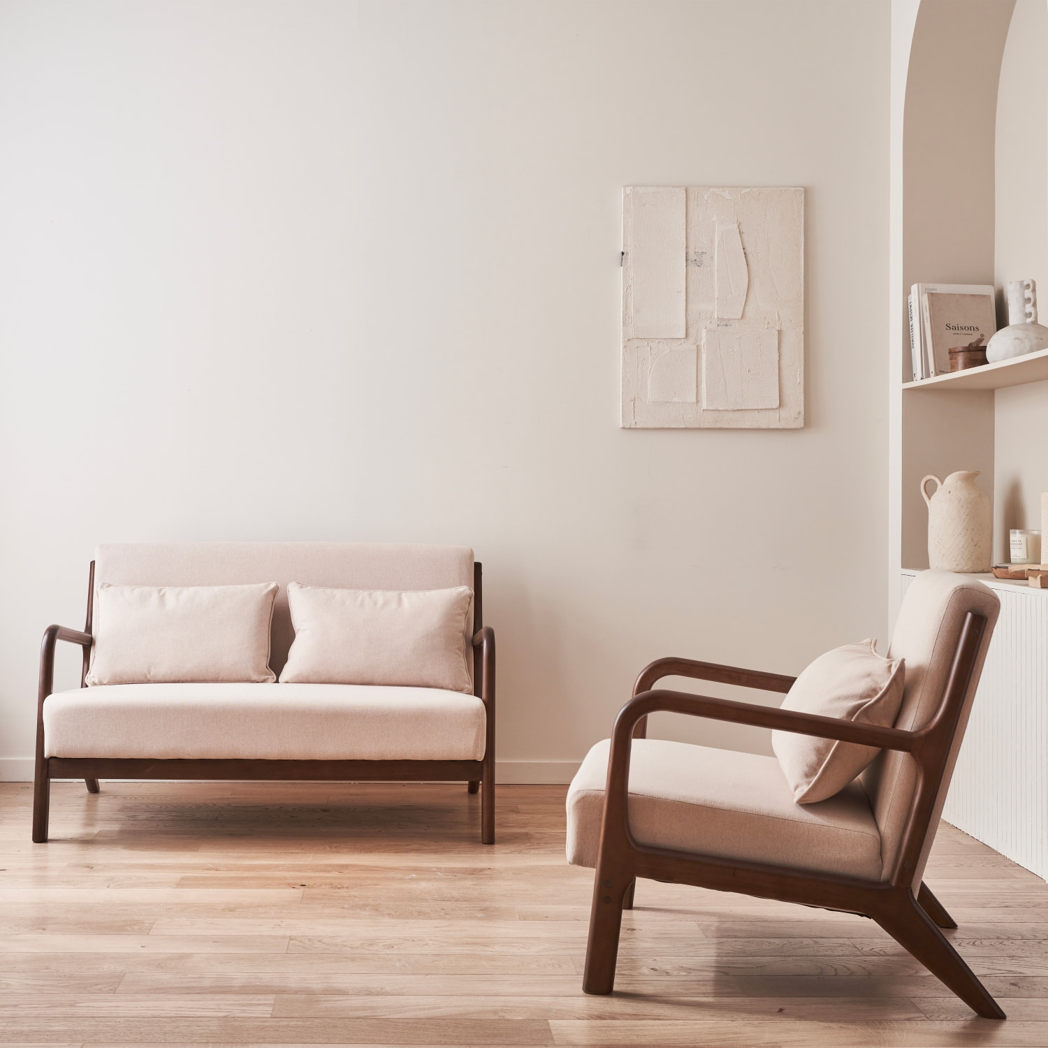 Banquette 2 places + Fauteuil bois d'hévéa teinté noyer clair et tissu LORENS