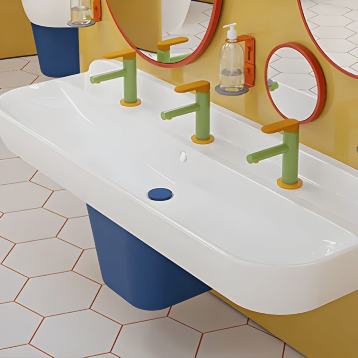 Lavabo pour enfant VITRA Sento Kids 85 cm + cache siphon + Mitigeur lavabo VITRA Sento Kids jaune et vert