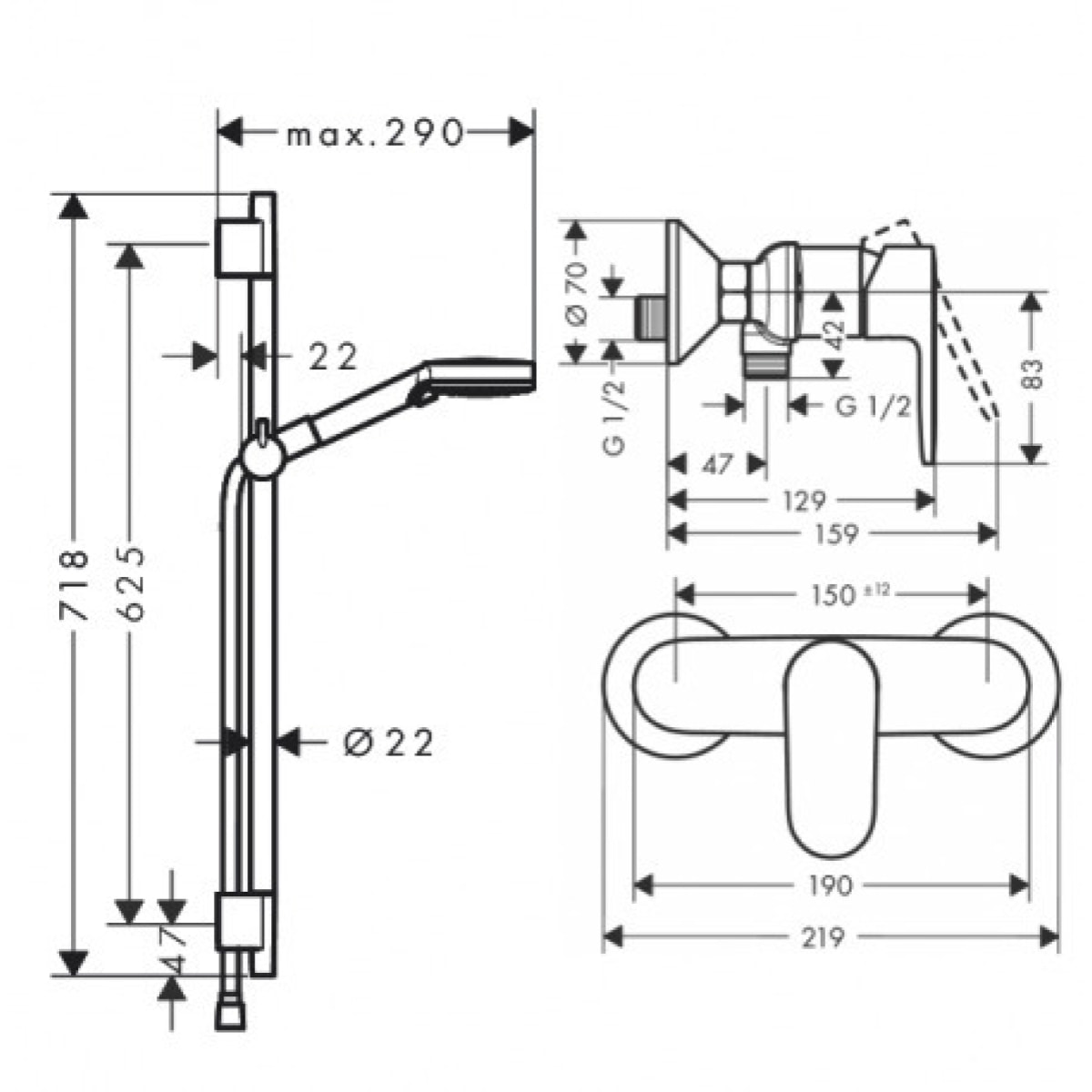 Pack douche : Porte coulissante 120cm + Paroi latérale 80cm + Set de douche avec mitigeur Hansgrohe + Receveur 120x80cm Noir