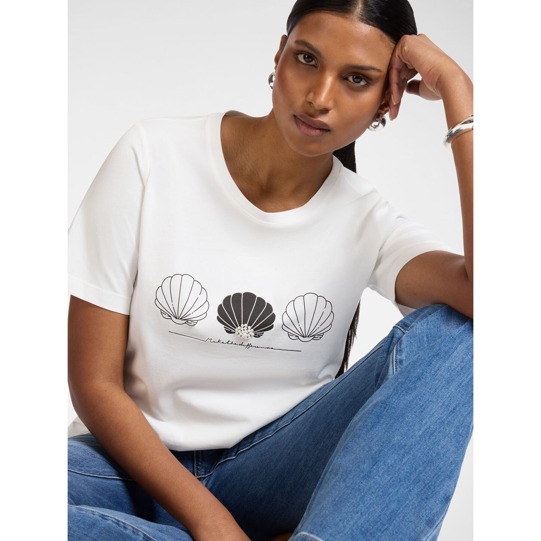 Elena Mirò - Camiseta de algodón estampada con perlas - Blanco