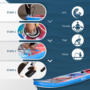 Stand up paddle gonflable surf planche de paddle pour adulte dim. 320L x 76l x 15H cm nombreux accessoires fournis PVC bleu rouge