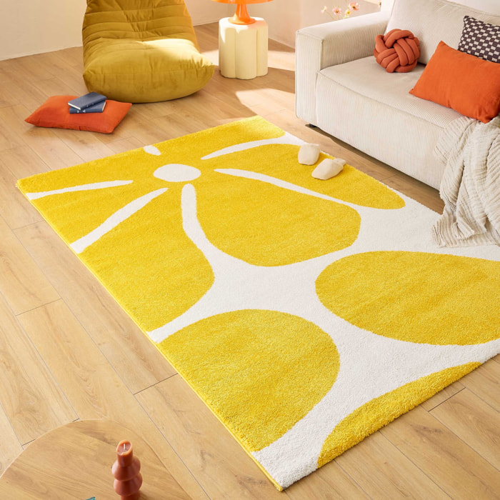 GROOVY - Tapis rétro coloré à motif fleur - Confortable et moelleux - Jaune