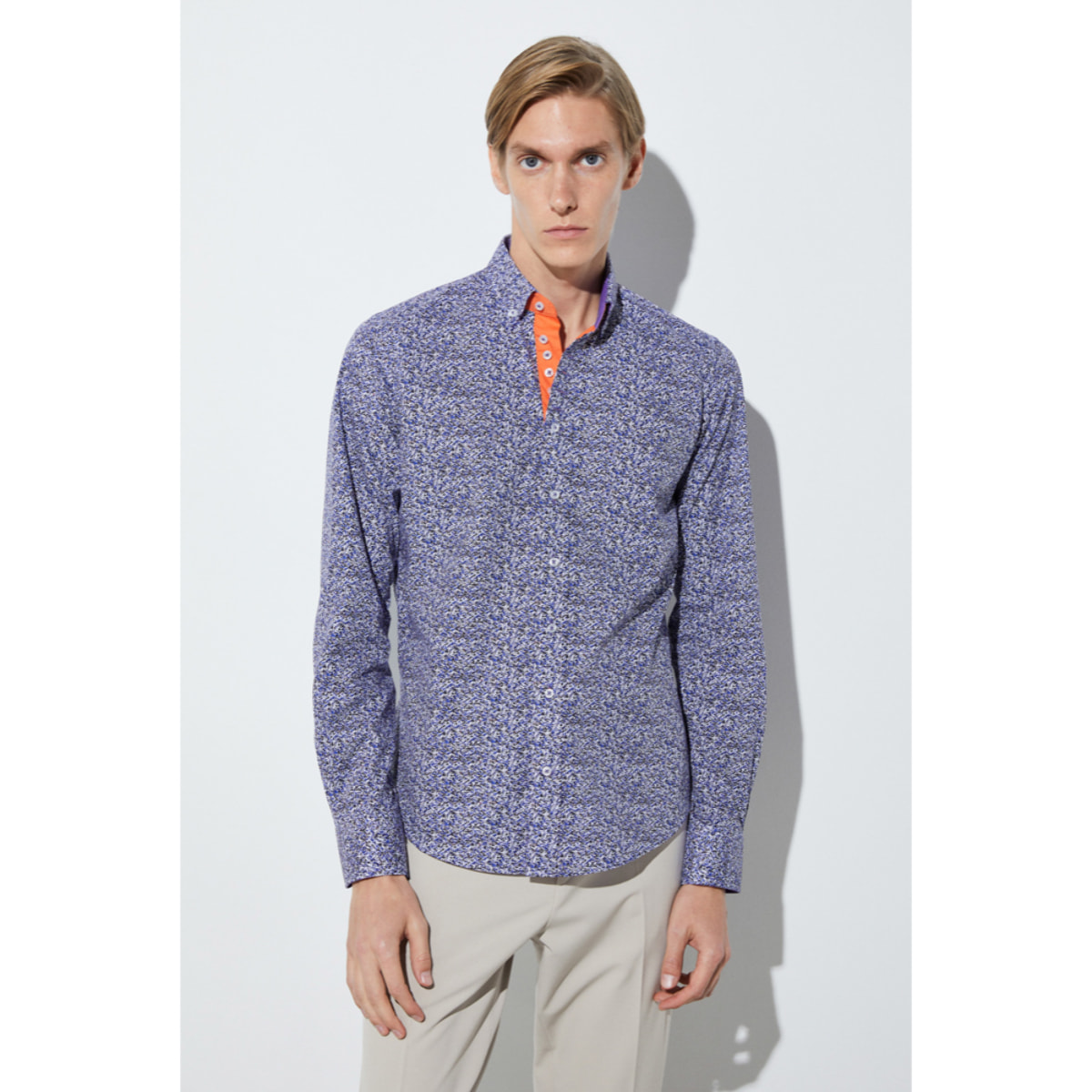 Camicia Uomo 1 Bottoni Button Down Slim Popeline Stampato Bianco/Bluette