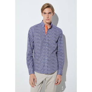 Camicia Uomo 1 Bottoni Button Down Slim Popeline Stampato Bianco/Bluette