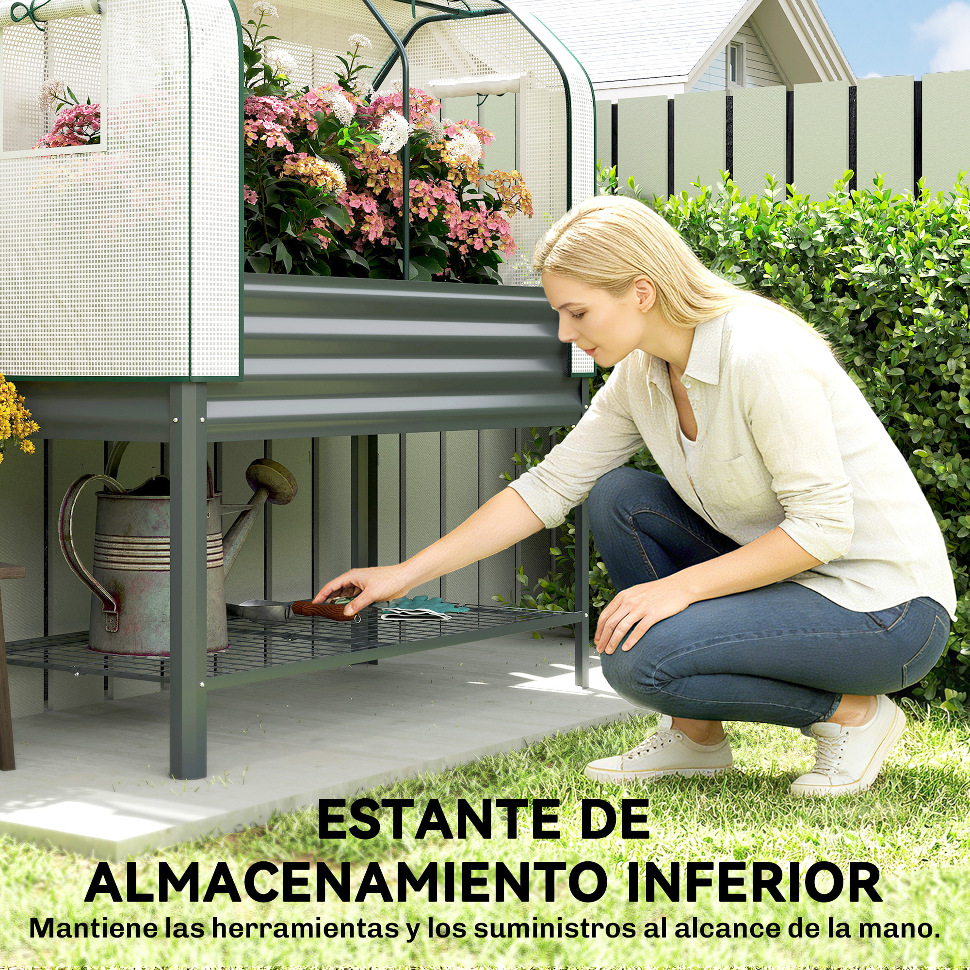 Huerto Urbano Elevado con Cubierta de Invernadero de 140 g/m² PE, Mesa de Cultivo de Metal Galvanizado con Estante Inferior y Forro para Cultivo, Plantas y Flores, 120x55x140 cm, Gris Oscuro