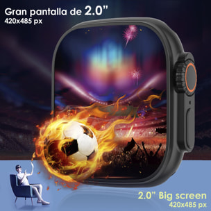 Smartwatch DT8 Ultra con pantalla de 2.0 pulgadas HR y función Always-On display. Widgets personalizables. Correa Sea band.