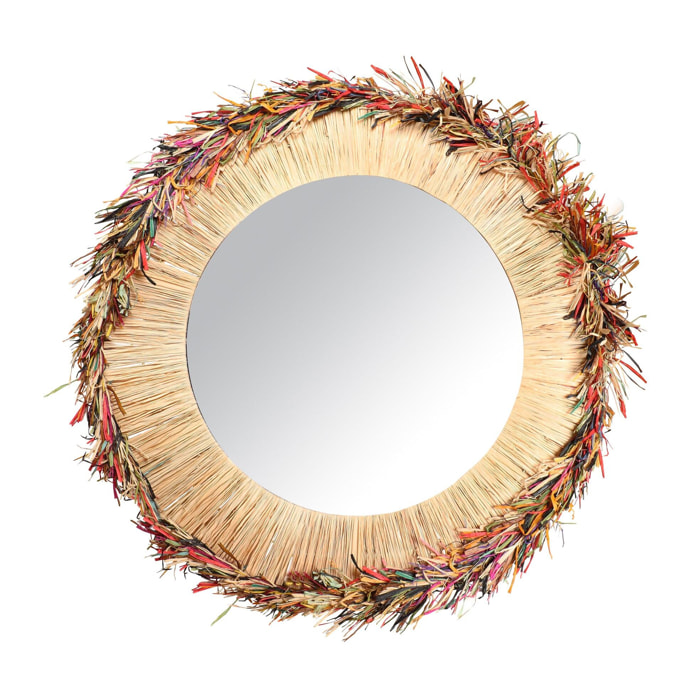 MIROIR ROND EN RAPHIA NATUREL AVEC FRANGES COLORÉES D86CM BELAGA