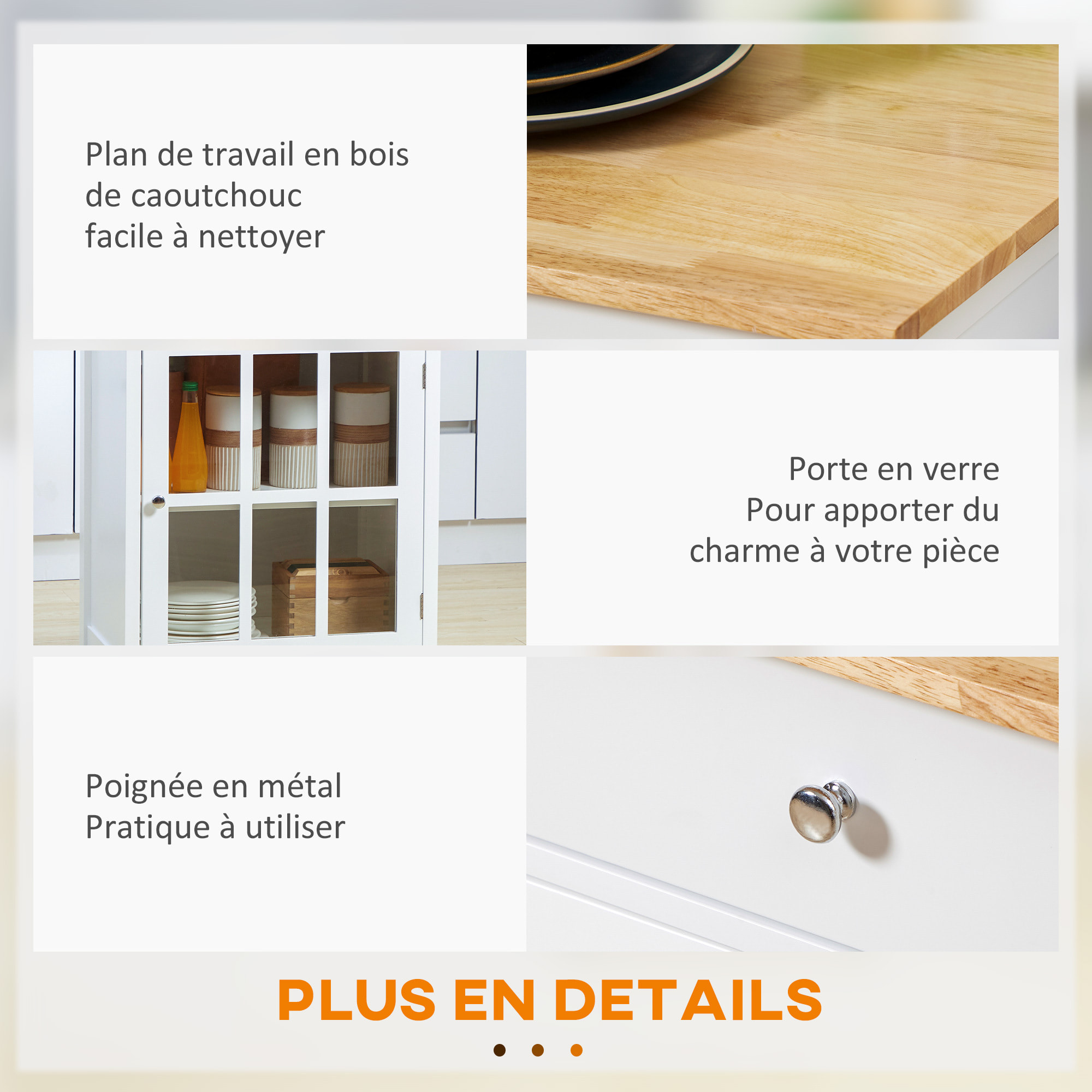 Desserte de cuisine à roulettes multi-rangement - placard porte vitrée avec étagère réglable, tiroir, porte-torchon - blanc aspect chêne clair