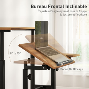 Bureau assis debout inclinable réglable H.70,5-120 cm mobile 3 plateaux métal noir effet bois