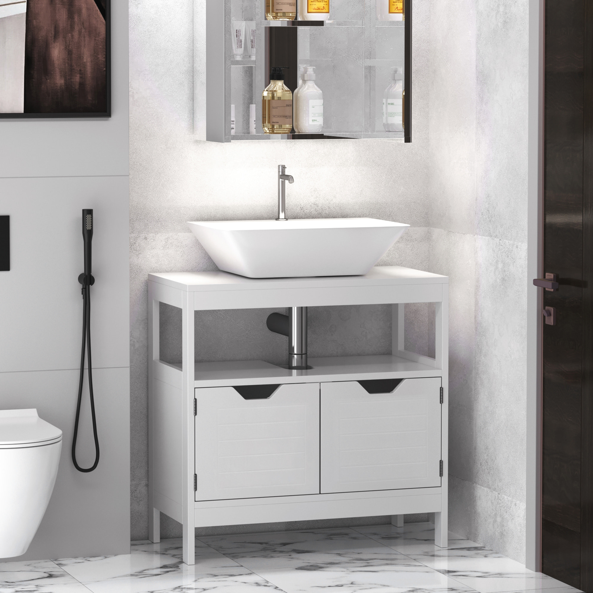 Conjunto de Baño Juego de Armario de Baño con Cajón 3 Estantes y Mueble para Debajo del Lavabo con 2 Puertas Antivuelco 60x33x122,5 cm 60x30x60 cm Blanco