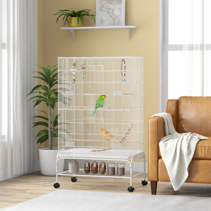 Cage à oiseaux sur roulettes - étagère, plateau déjection, 3 perchoirs, 4 mangeoirs, 2 portes, 8 trappes, accessoires - acier blanc