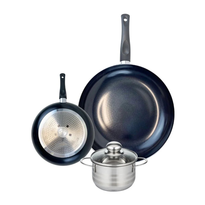 Ensemble de 2 Poêles de cuisson 20 et 32 cm et 1 faitout 14 cm Elo Prima Brillant