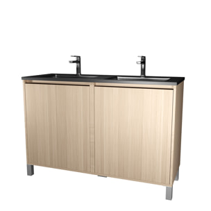 Meuble de salle de bains 120 cm 4 Portes Chêne Clair + Vasque Double Céramique Noire - XENOS