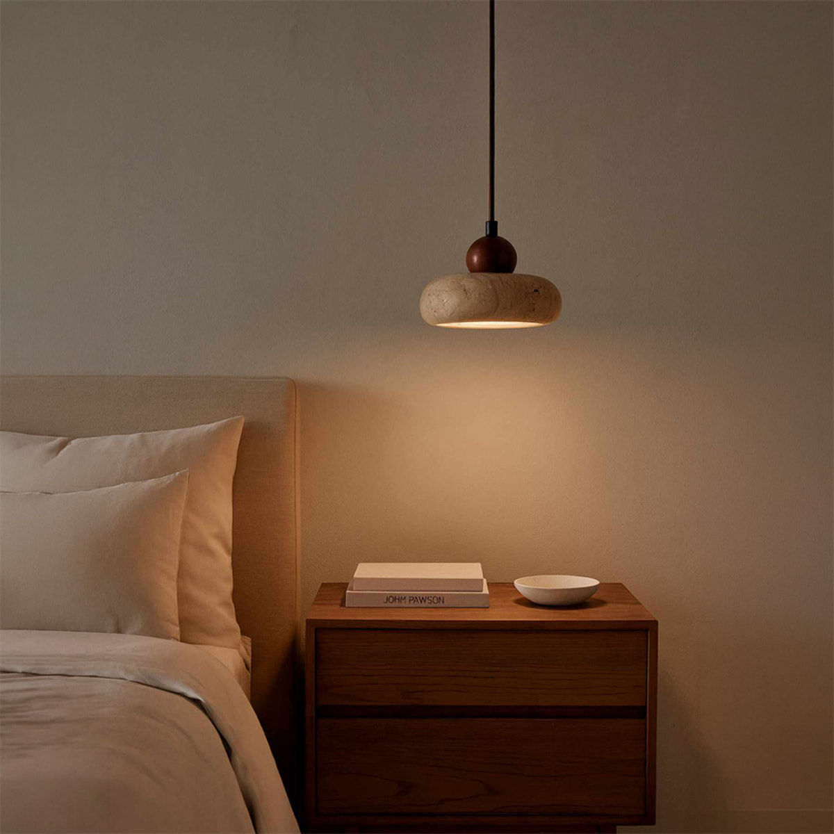 Suspension design ronde en travertin et bois effet noyer TIVOLI