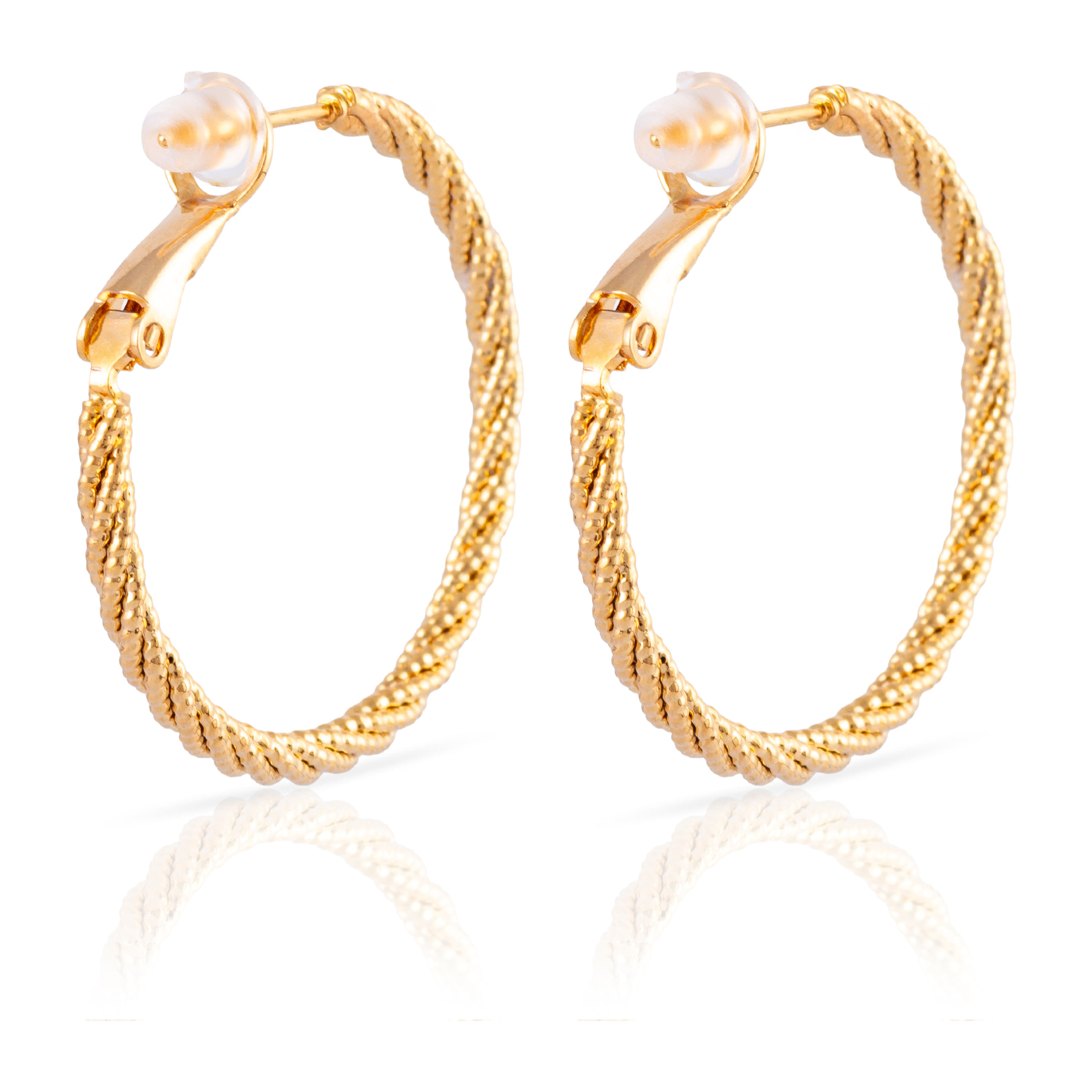 Pendientes de aro trenzado de cobre con baño de oro auténtico y acabado brillante, 30 mm, cierre catalán de plata de ley 925 con acabado dorado electroplateado.