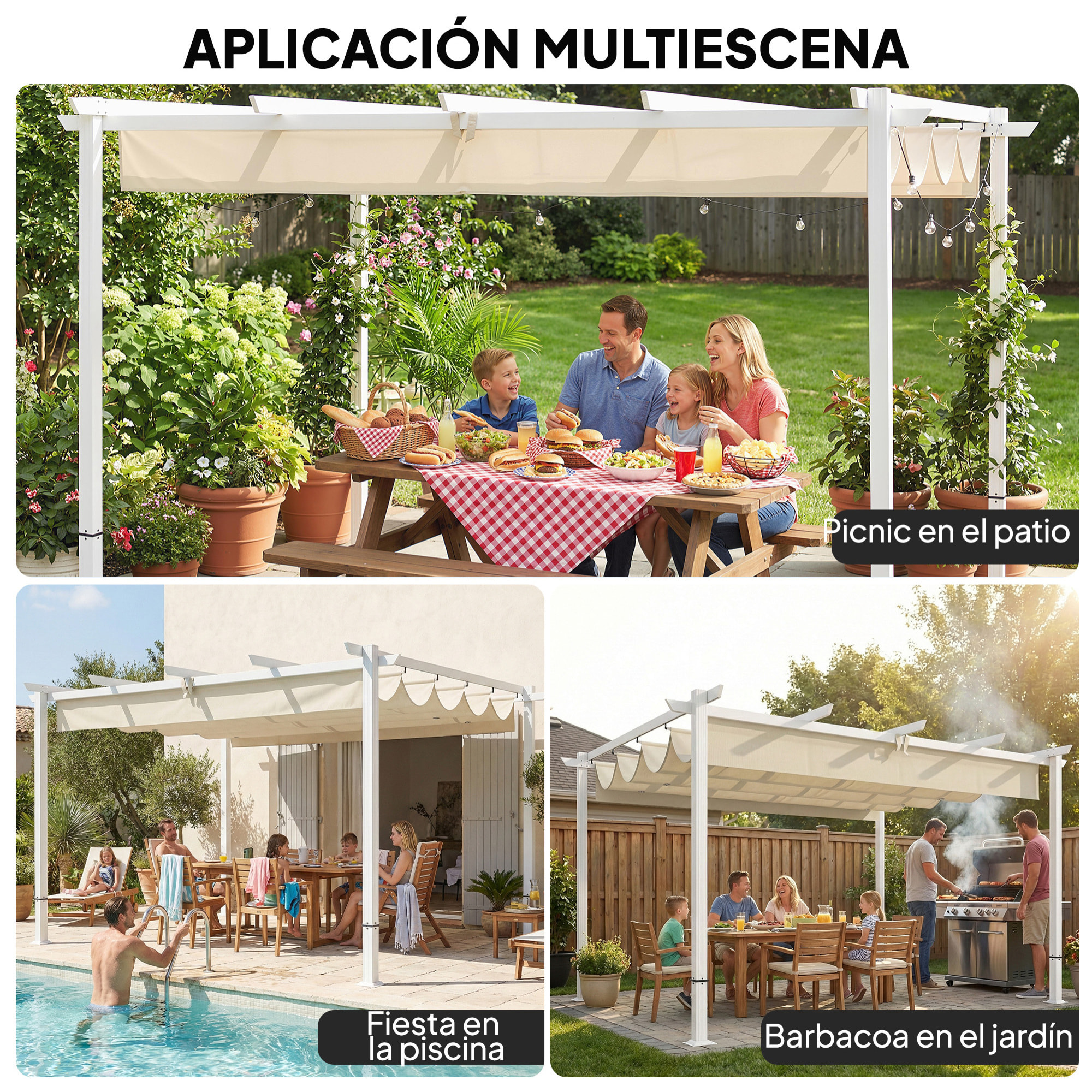 Pérgola de Jardín 4x3 m con Techo Retráctil, Cenador de Jardín con Protección UPF30+, Orificios de Drenaje, Estructura Metálica, Pabellón para Patio, Terraza, Exterior, Beige