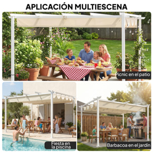Pérgola de Jardín 4x3 m con Techo Retráctil, Cenador de Jardín con Protección UPF30+, Orificios de Drenaje, Estructura Metálica, Pabellón para Patio, Terraza, Exterior, Beige