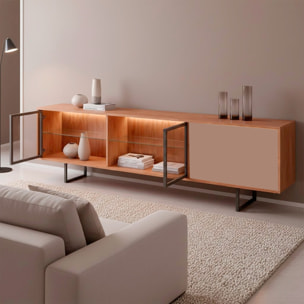 Porta TV 3 Ante Con 2 LED Inclusi 2 Ante Vetro Fumè Mobile TV Moderno Con Ripiani Interni Piedi In Ferro Nero 185 x 60 x 40  Cm Rovere E Grigio Caldo