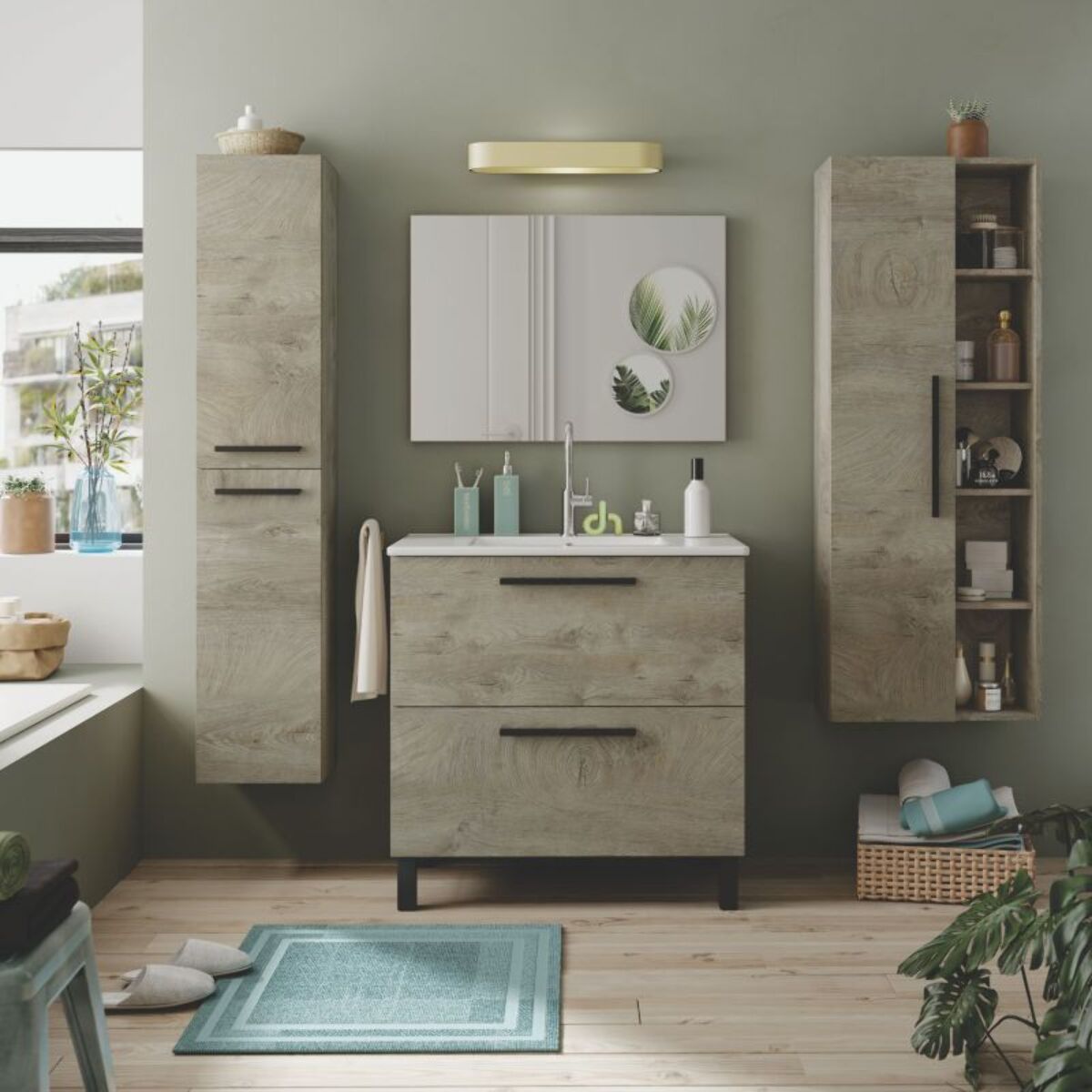 Mueble de baño con espejo Sense 2 cajones Roble Alaska