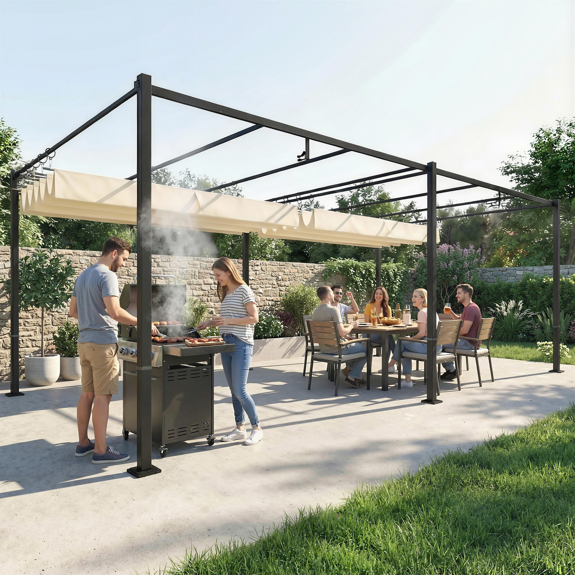Pérgola de Jardín 6x3 m con Techo Retráctil, Cenador de Jardín con Protección UPF50+, Drenaje, Estructura Metálica, Pabellón para Patio, Terraza, Exterior, Blanco Crema