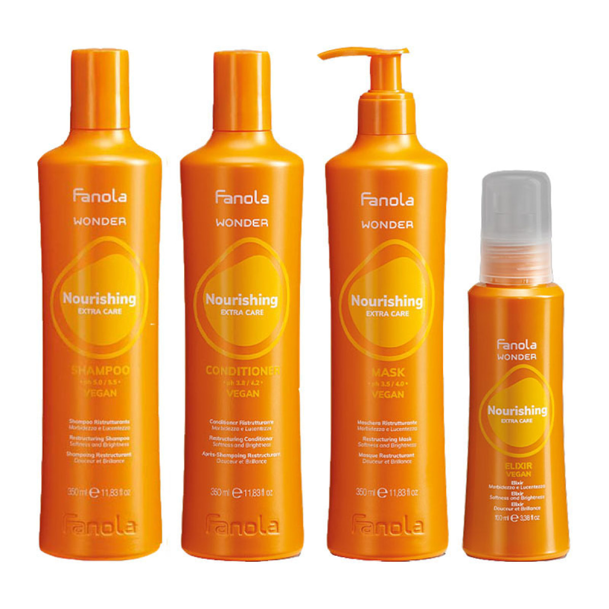 FANOLA Kit Wonder Nourishing Shampoo 350ml + Conditioner 350ml +  Mask 350ml + Elixir 100ml