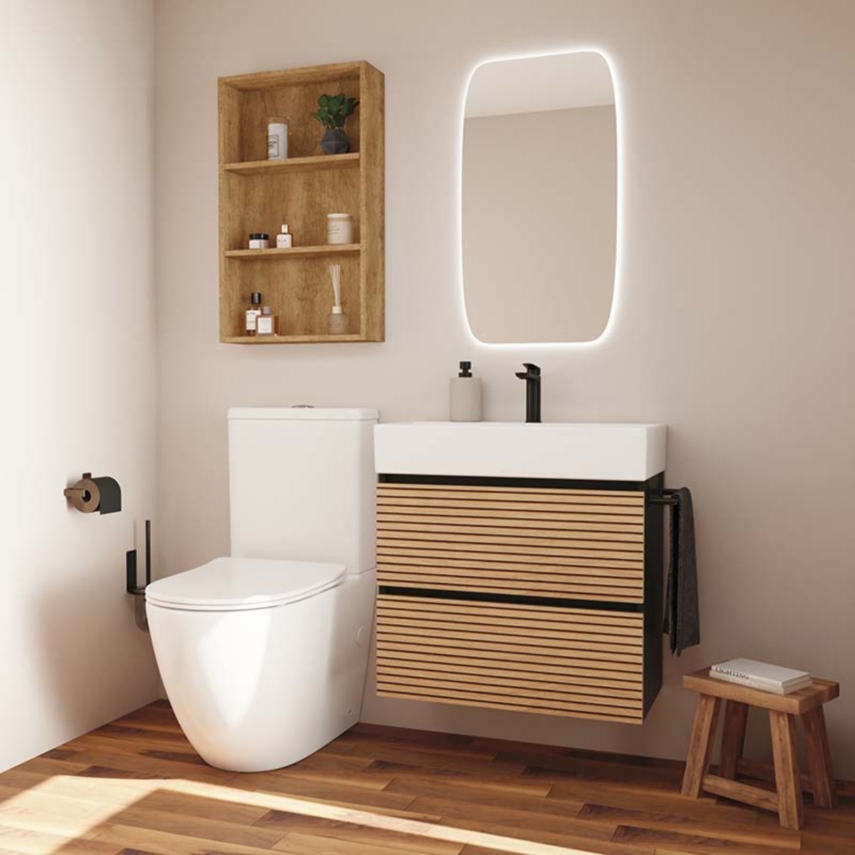 Conjunto de Baño YINU | 70 cm Negro - Solomon | Fondo 36 cm | Dos Cajones | Lavabo Encastrado | No incluye Espejo | Mueble Montado | Alday