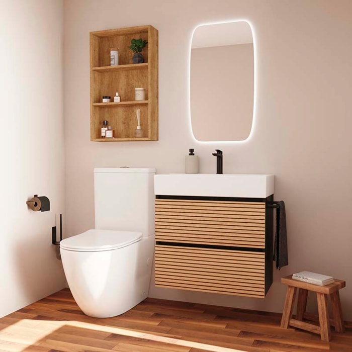 Conjunto de Baño YINU | 70 cm Negro - Solomon | Fondo 36 cm | Dos Cajones | Lavabo Encastrado | No incluye Espejo | Mueble Montado | Alday