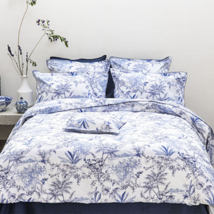 Taie d'oreiller imprimée en satin de coton bio, RIVAGES, Bleu de chine