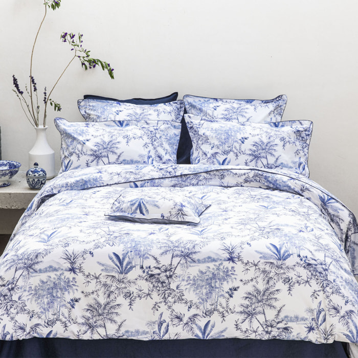 Taie d'oreiller imprimée en satin de coton bio, RIVAGES, Bleu de chine