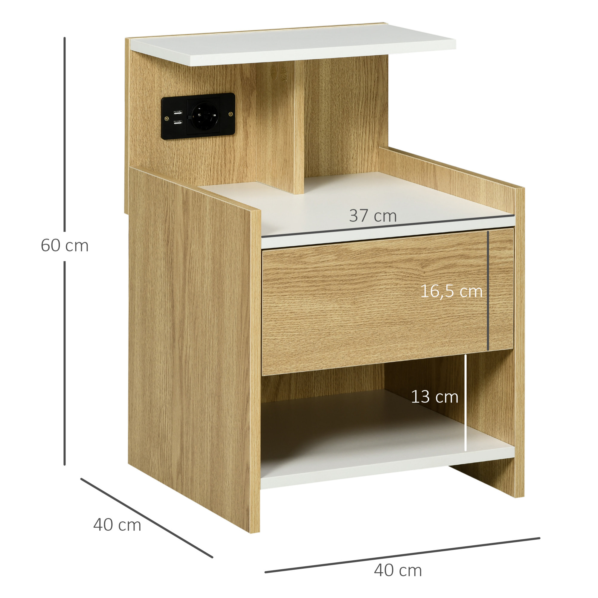 Mesita de Noche Moderna Mesilla de Noche con Puertos USB Toma de Corriente Cajón y Estantes Mesa de Noche para Dormitorio Salón 40x40x60 cm Natural