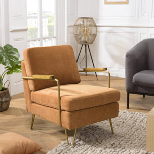 ALBANE - Fauteuil lounge tissu orange métal doré accoudoirs bois