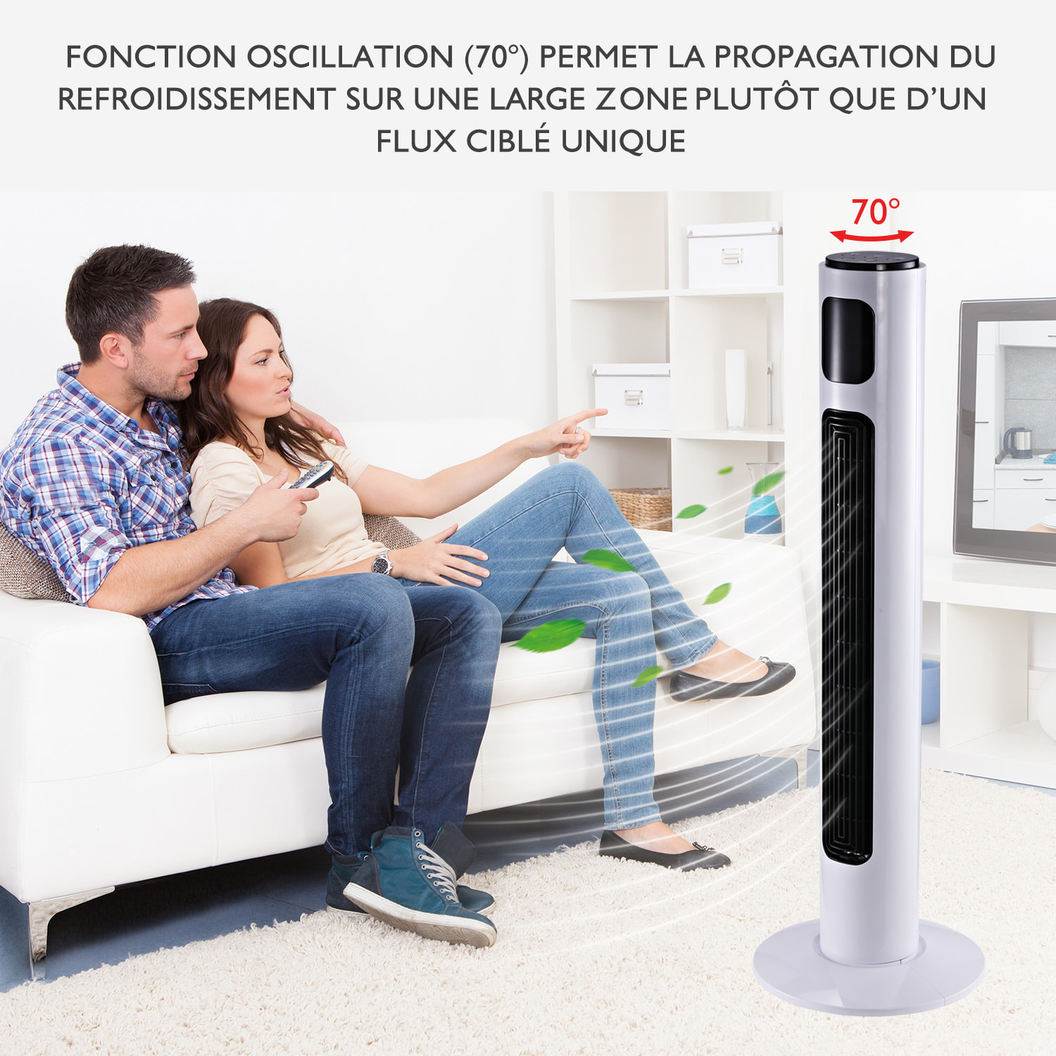 Ventilateur colonne tour 45 W programmable oscillant avec télécommande blanc noir