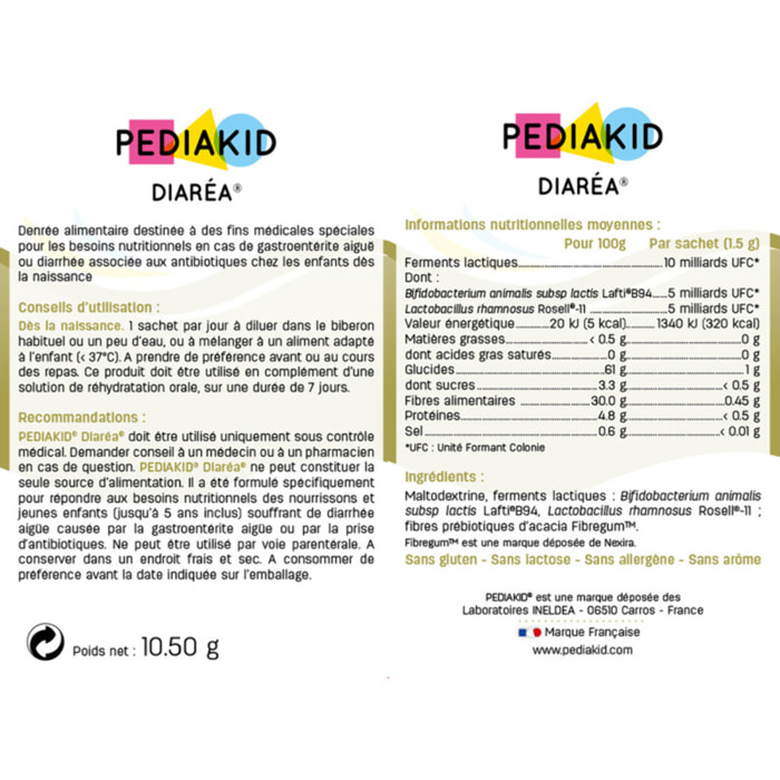 PEDIAKID - Diaréa - Pour les besoins nutritionnels en cas de gastroentérite aiguë ou diarrhée associée aux antibiotiques - Dès la naissance - Sachets de poudre à diluer - Goût neutre - Lot de 3