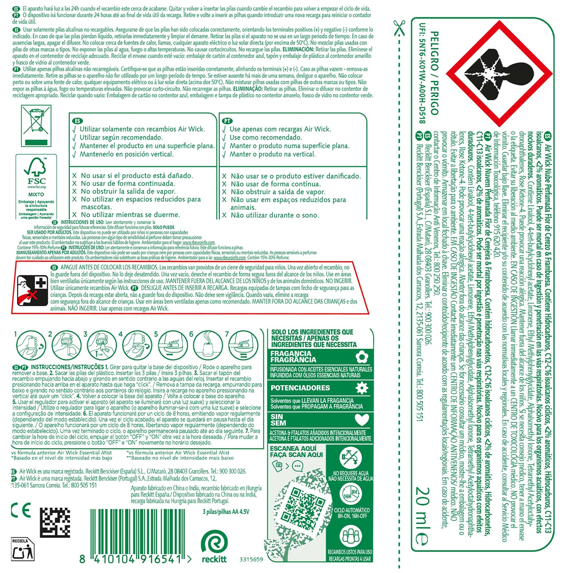 Air Wick Essential Mist - Ambientador difusor aceites esenciales para casa con aroma a Flor de Cerezo y Frambuesa - Aparato y Recambio