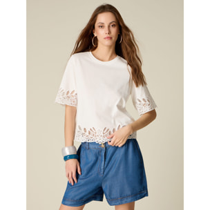 Oltre - T-shirt in cotone con dettagli in macramé - Bianco