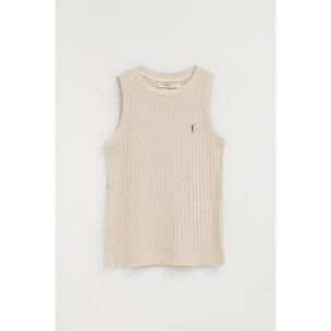Camiseta sin mangas beige de canalé con corte slim y bordado Rigby Go