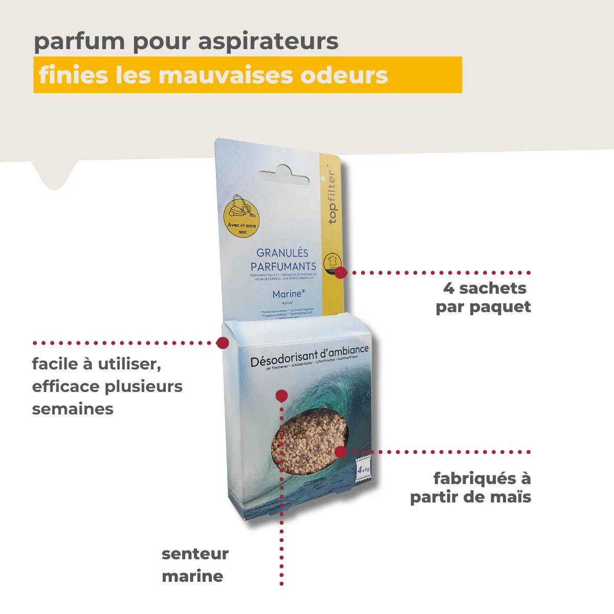 4 Sachets de granulés parfumés pour aspirateur senteur marine TopFilter