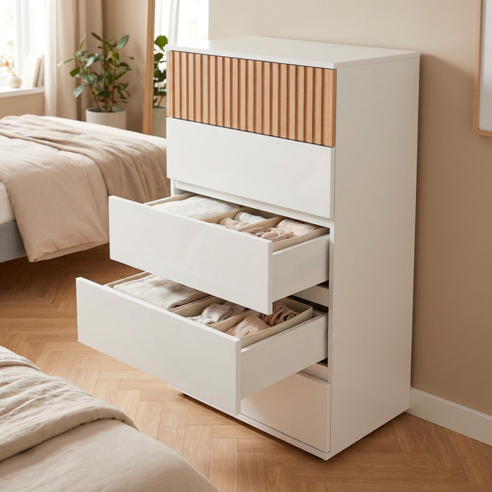 Comò Settimino 5 Cassetti Settimanale Alto Salvaspazio Mobile Mobiletto Cassettiera Camera da Letto Ingresso 109 x 61 x 40 Cm Bianco E Rovere Listato