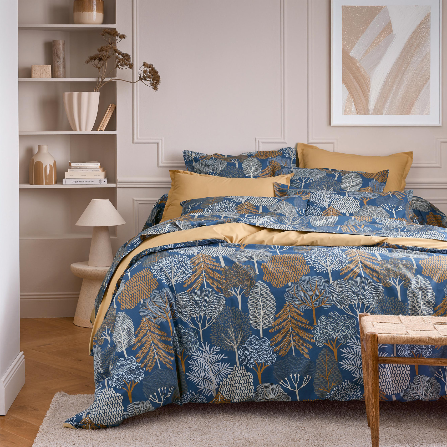 Housse de couette 100% percale de coton 80 fils forêt - Bleu Encre