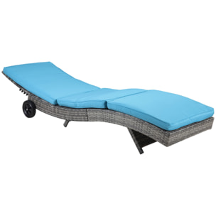 Bain de soleil transat grand confort - dossier inclinable 5 positions roulettes - matelas déhoussable inclus - résine tressée bleu