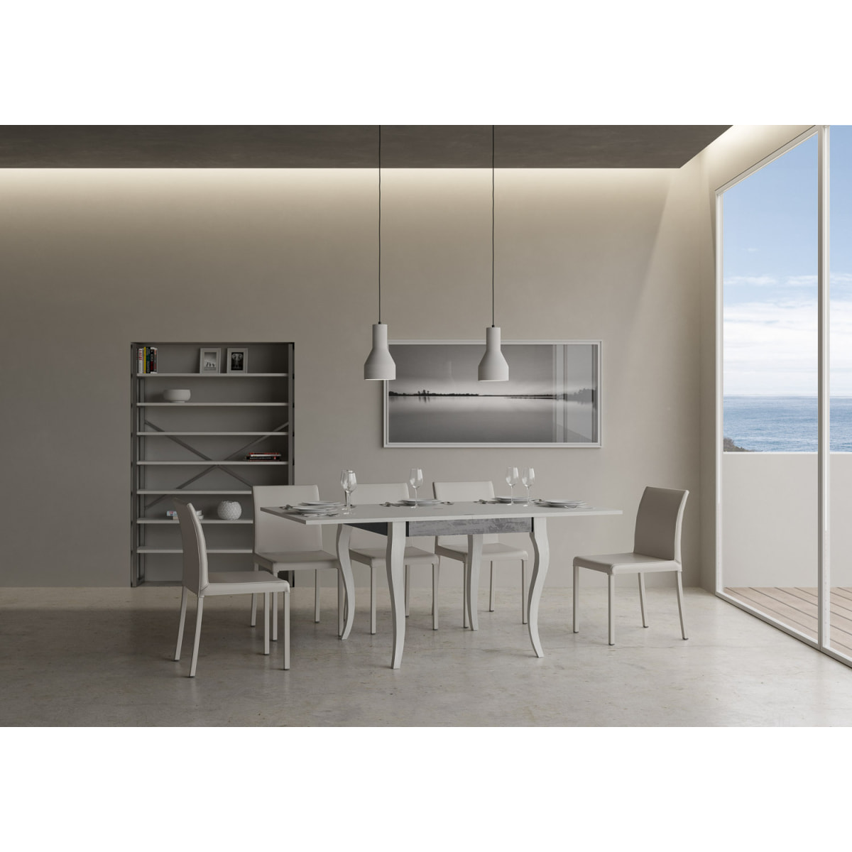 Mesa tipo libro 90x90/180 cm Olanda Librox Fresno Blanco estructura Gris