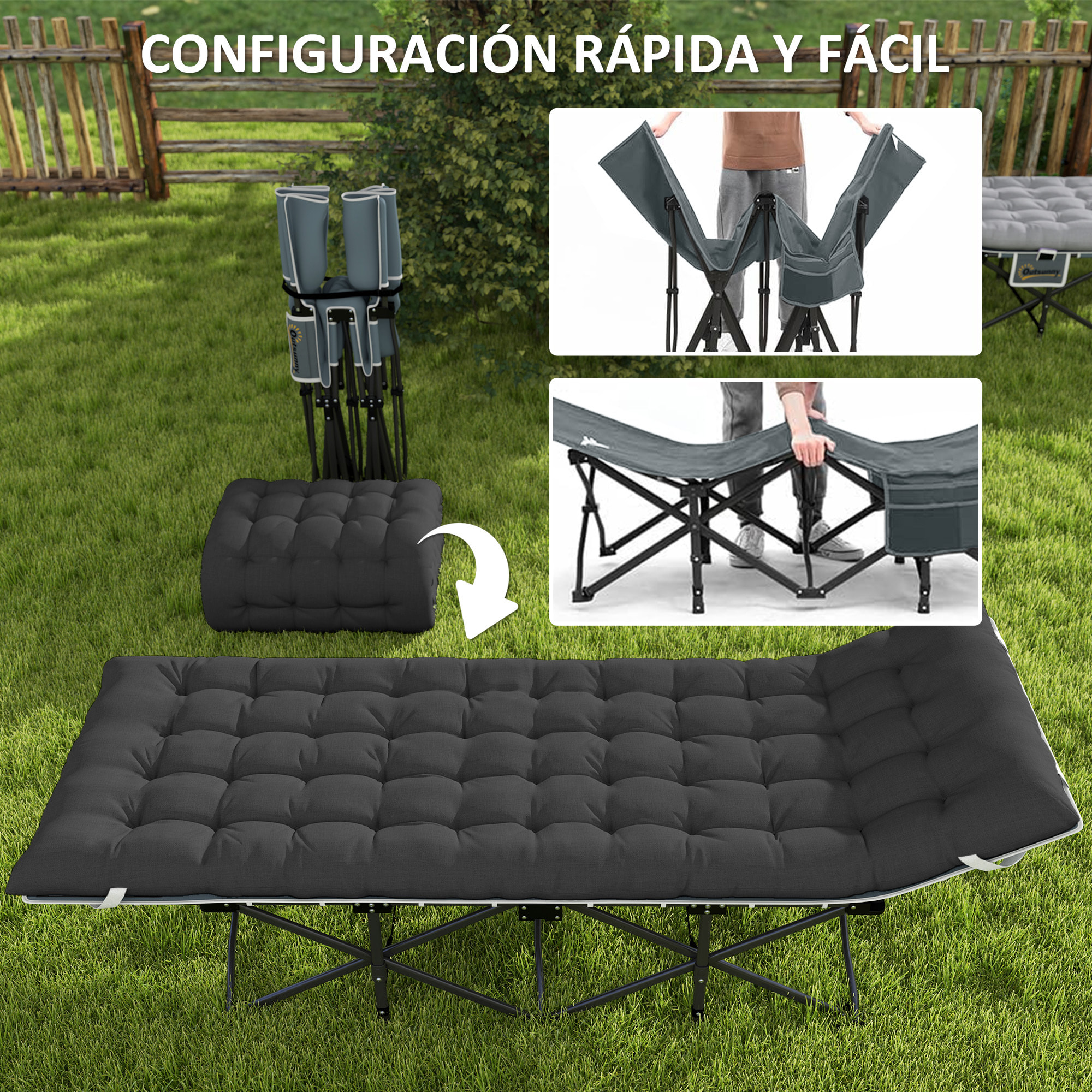 Cama Plegable Camping Cama de Acampada Portátil Tumbona de Camping con Reposacabezas Colchón Extraíble y Bolsa de Transporte Carga 150 kg para Playa Senderismo 196x68x37 cm Negro